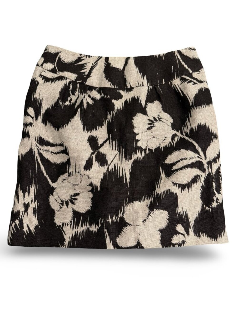 Michael Kors Linen Pencil Skirt 8 Black Tan Tropical Floral Ikat Mini Straight